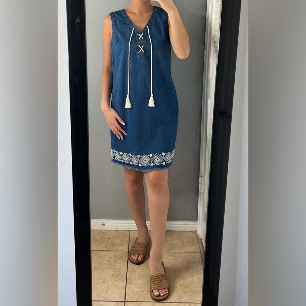 Chambray denim embroidered tassel vneck lace up shift mini dress S boho casual - Picture 3 of 12
